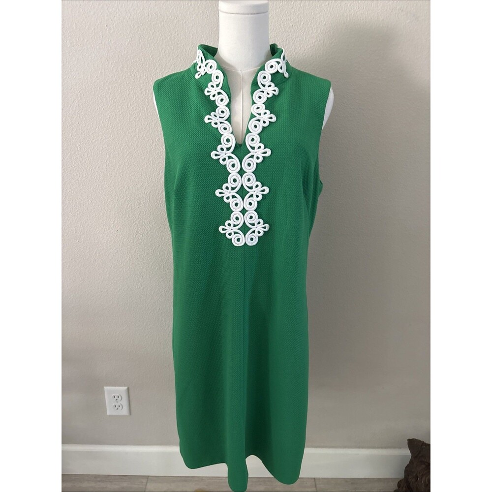 Vince Camuto Green Sleeveless Shift Dress White Trim Textured Size 14
